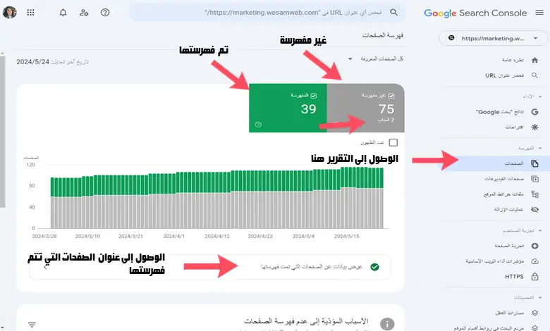 قسم تغطية الفهرس في سيرش كونسول