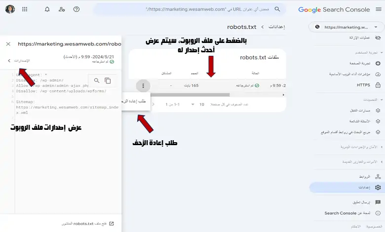 التحقق من حالة ملف robots.txt في Console