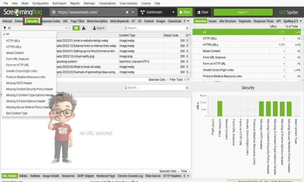 قسم الأمان (Security) في Screaming Frog