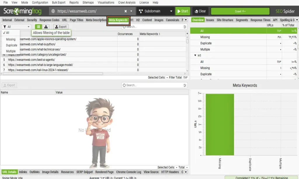 Meta Keyword في Screaming Frog